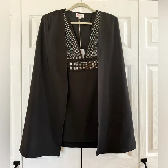 L’ATISTE Rhinestone Cape Mini Dress Black Plunging V Neck Party Cocktail Size M - Picture 5 of 9